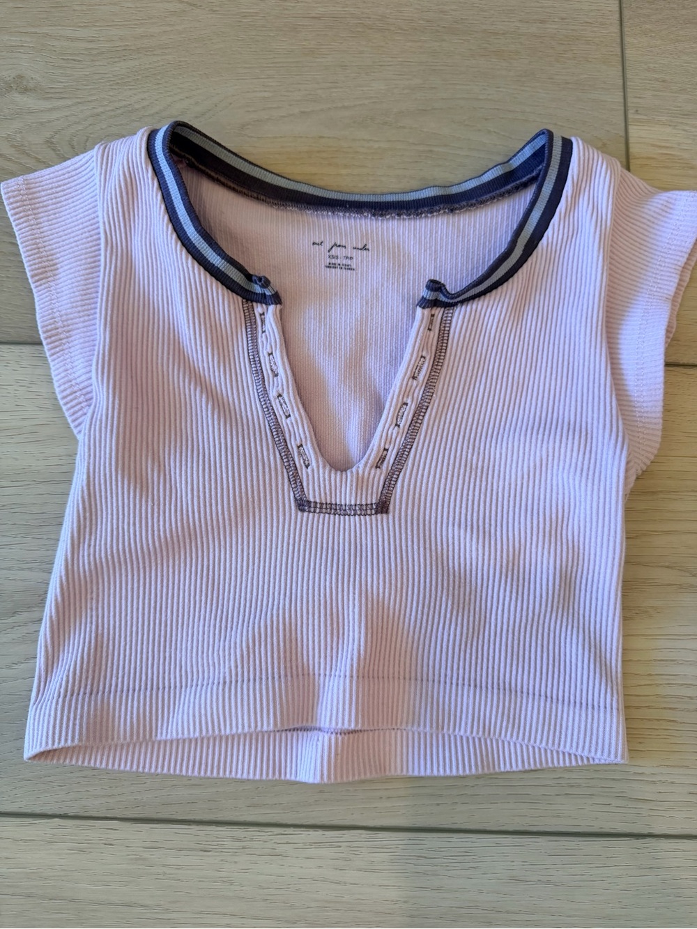 Urban Outfitters Girls' Light Pink Ribbed V-Neck Tank with Navy Trim